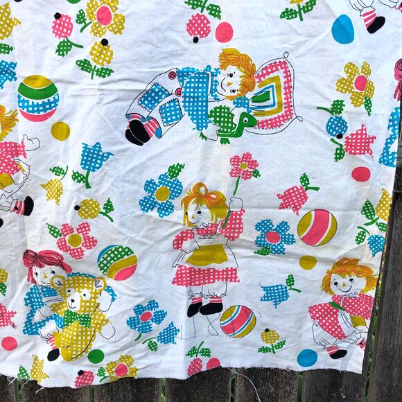 60s 70s Vintage Raggedy Ann Fabric in Pink and Blue, Yellow Tan 50" x 36" - Picture 1 of 14
